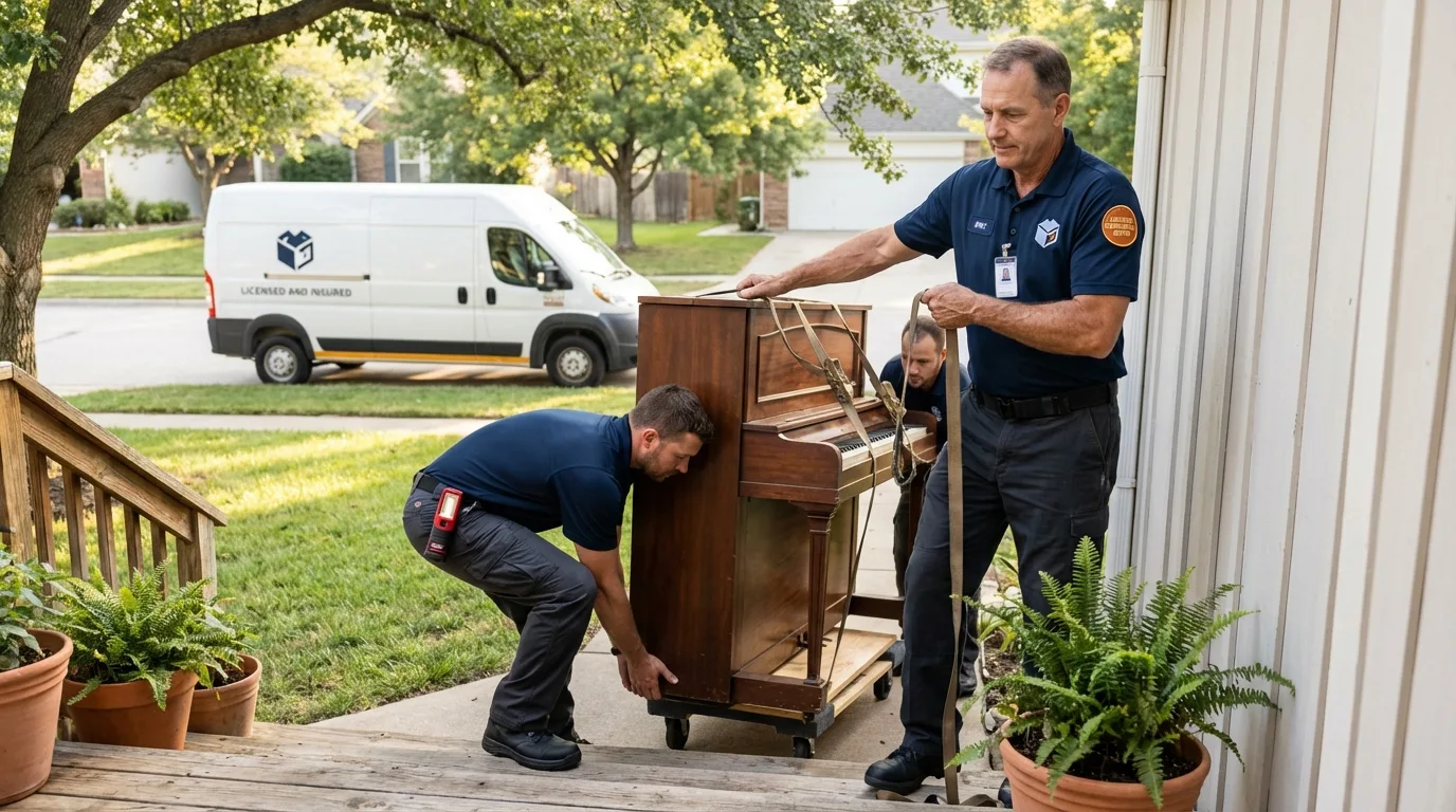Licensed piano movers securing grand piano in Sandston, VA