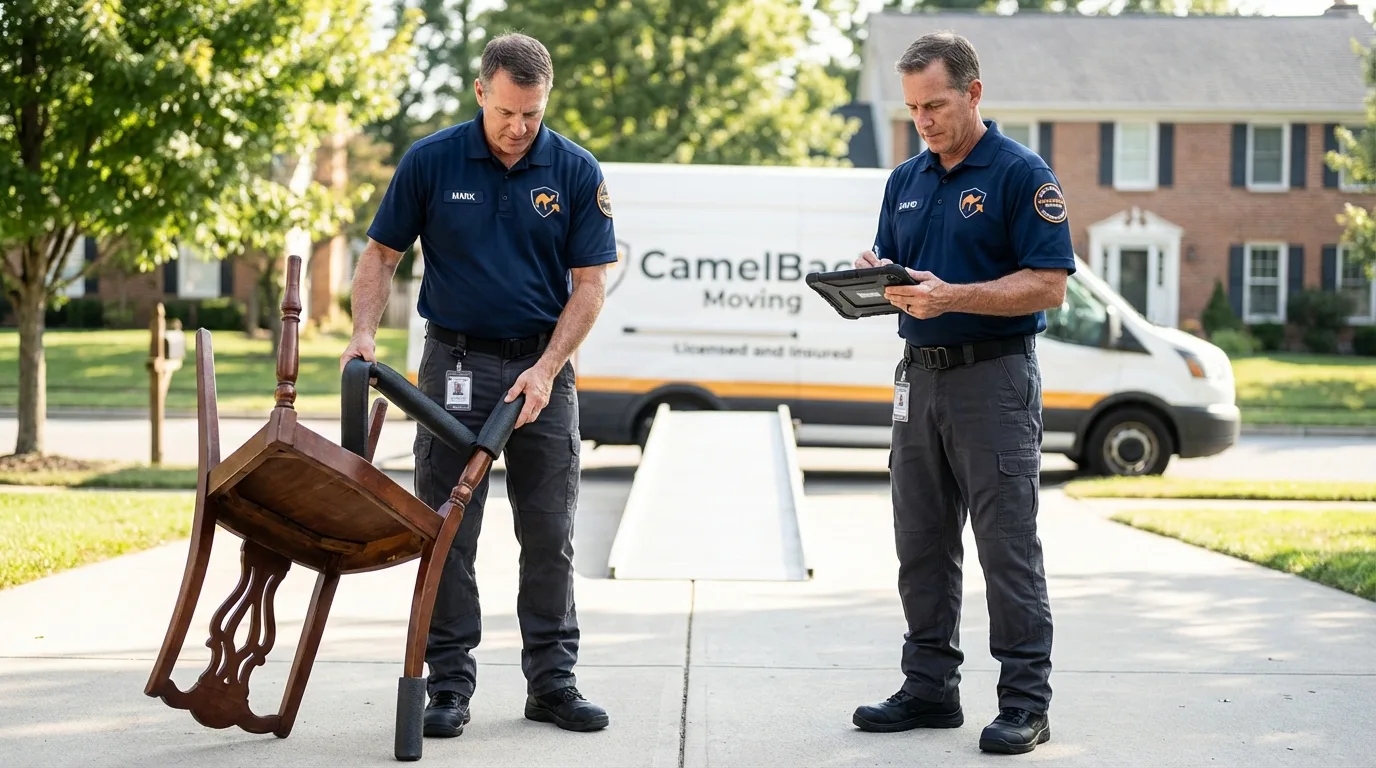 Movers inspecting furniture for damage prevention before loading in Sandston, VA