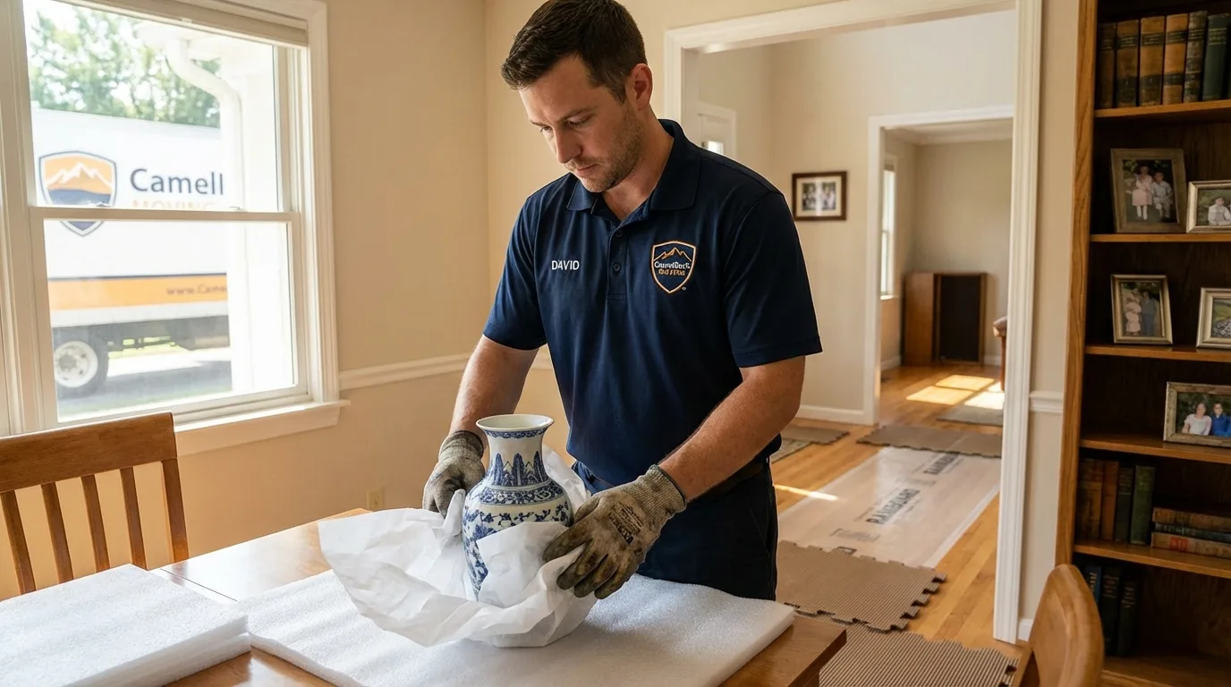 Professional crew carefully wrapping antique vase for senior downsizing move in Sandston, VA